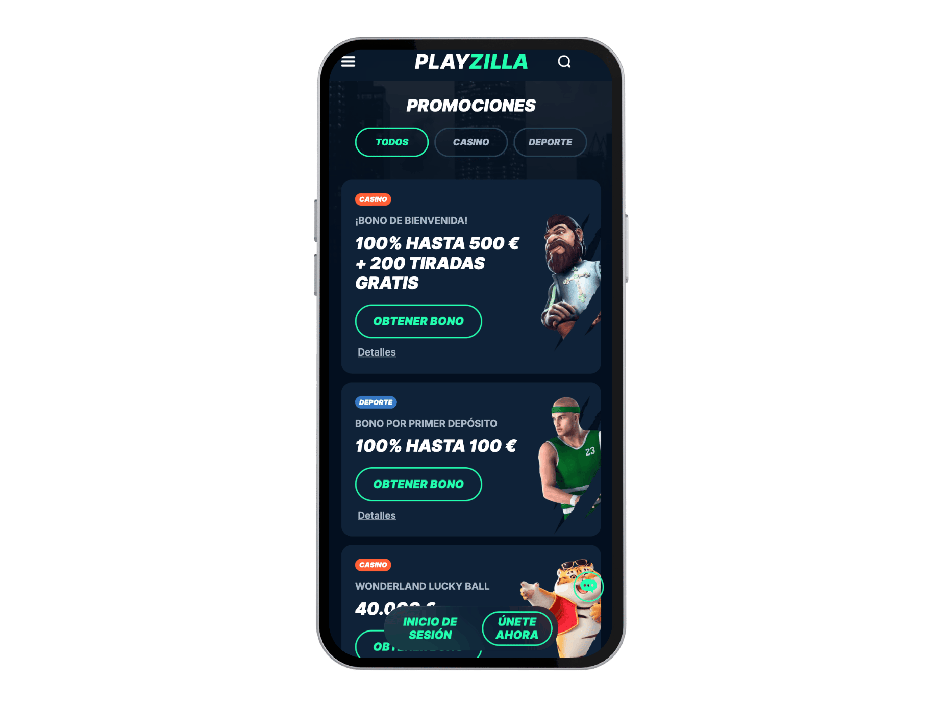 Playzilla bonos en iPhone - pantalla bonos