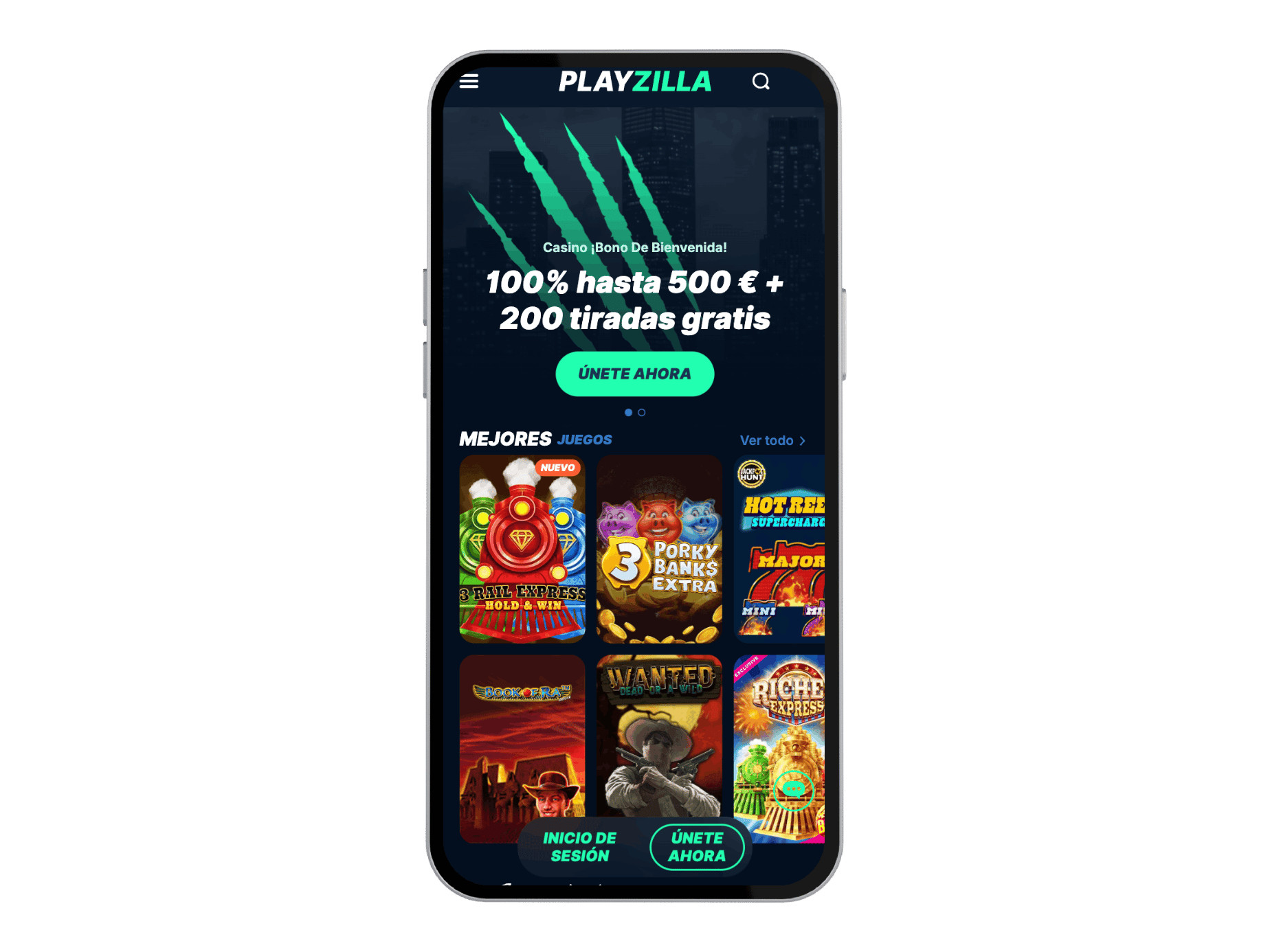Playzilla app en iPhone - pantalla principal